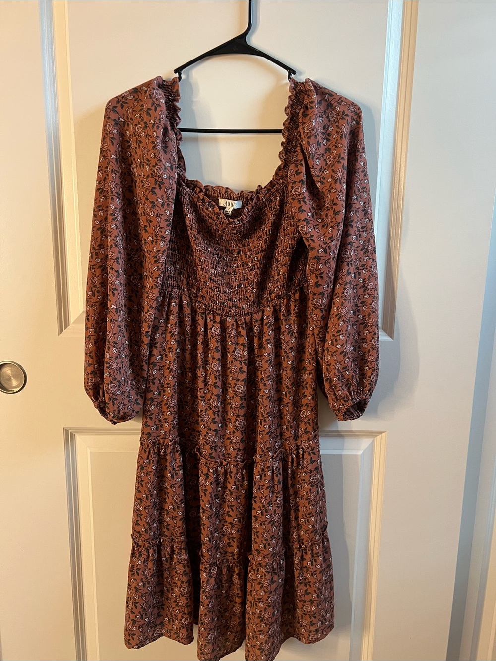 AUW Rust Floral Smocked Midi Dress with Puff Sleeves Cottage Core